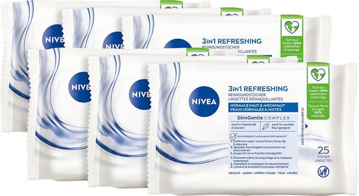 Actual product image NIVEA Reinigungstücher 3in1 Erfrischend Multipack 6 x 25 Stück (Facial cleansing wipes)