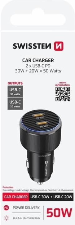 Produktbild Swissten Car Adapter 2x USB-C PD 50W - Black