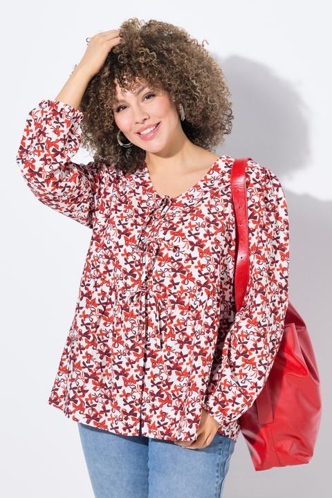 Image du produit Ulla Popken Blouse coupe évasée, imprimé petits noeuds, décolleté en V et manches longues (46, 48)