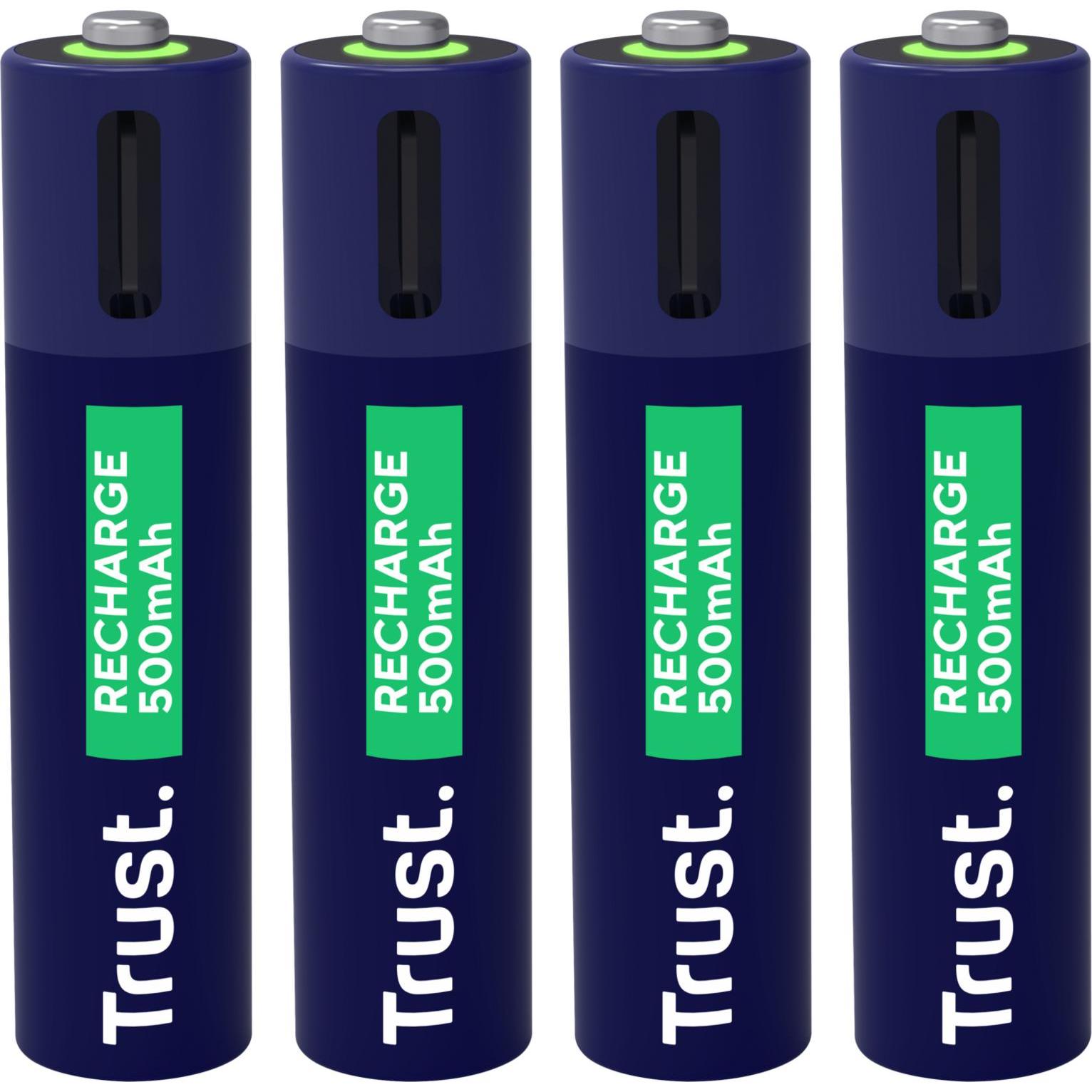 Trust USB-C Rechargeable Batteries 4p (4 Stk., AAA, 500 mAh), Batterien + Akkus