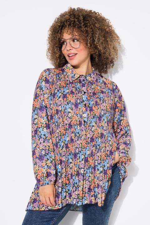 Actual product image Ulla Popken Pleated Floral Print Long Sleeve Tunic Blouse (58)