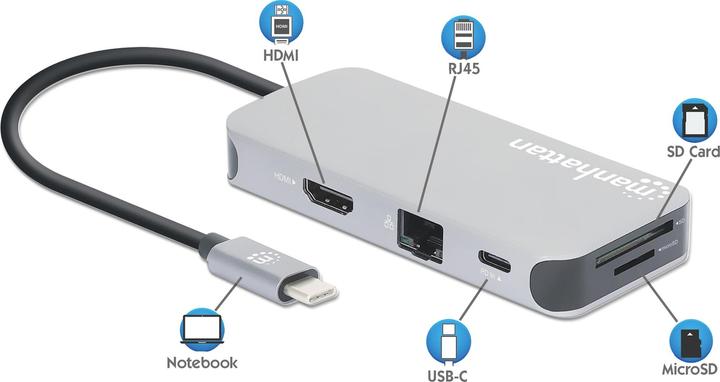 Actual product image Manhattan USB-C 8-in-1 Docking Station with Power Delivery (USB-C, 8 ports)