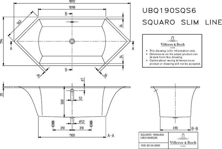 Produktbild Villeroy & Boch V&B Einbauwanne SQUARO Slim Line Sechseck 1900x800mm we (185 l, 190 cm, 80 cm)