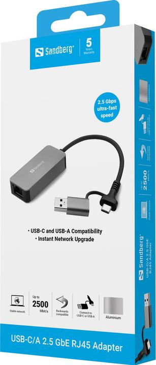 Immagine prodotto Sandberg USB-C/A 2.5 GbE RJ45 Adapter (USB, USB-C, RJ45 (1x))