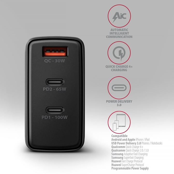 Actual product image Axagon ACU-DPQ100, GaN nabíječka do sítě, 3x port (USB-A + dual USB-C), PD3.0/PPS/QC4+/Apple (100 W)