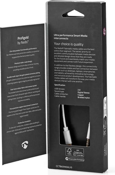 Productafbeelding Nedis USB-adapter USB 2.0 USB-C stekker 3,5 mm 1,00 m rond Verguld Gevlochten/Nylon Aluminium (1 m, USB 2.0)