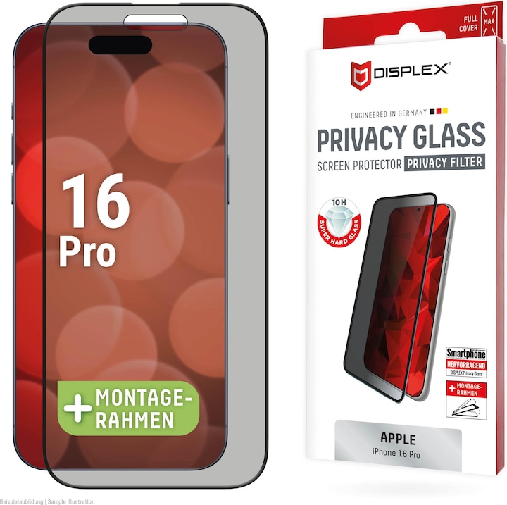 Displex Privacy Glass, Privacy Full Cover Panzerglas (1 Stück, Apple iPhone 16 Pro)