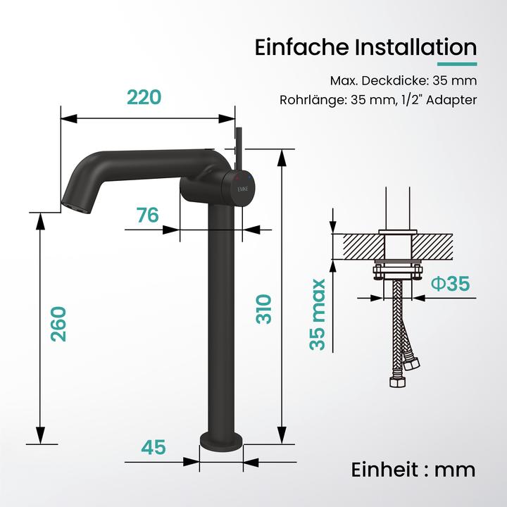 Produktbild Emke Wasserhahn Bad Messing Keramikkartusche Luftsprudler Waschtischarmatur Mischbatterie einfache Instal