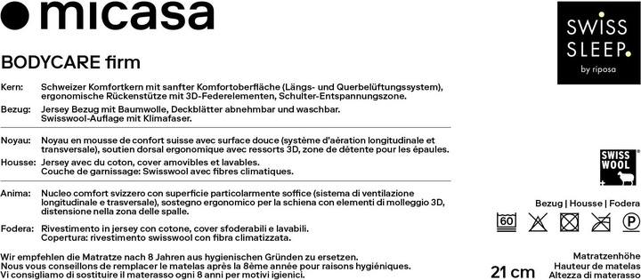 Nährwerte und Zutaten SwissSleep by riposa BODYCARE firm (140 x 200 cm, Schaumstoffkern)