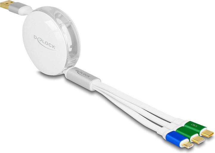 Delock USB 7,60cm (3"") 1 câble de charge rétractable type-A vers micro USB / 2 x USB Type-C™ avec (1.13 m, USB 2.0, 10 W)