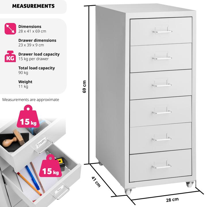 Image du produit tectake Caisson de bureau 6 tiroirs (41 x 28 x 69 cm)