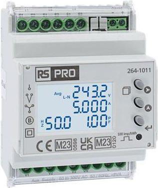 Actual product image RS PRO Energy meter LCD 90mm x 70mm / 1, 3-phase 3 x (current transformer) 3 x (voltage) and neutral