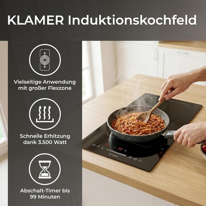 Produktbild KLAMER Induktionskochfeld 30 cm, 2 Zonen mit 1 Flexzone, 3500 Watt, Boost Funktion, 9 Leistungs… (51.90 cm, Induktionskochfeld)