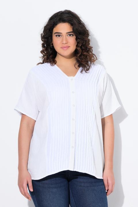 Produktbild Ulla Popken Musselin-Bluse, Oversized, Biesen, V-Ausschnitt, Halbarm (54)