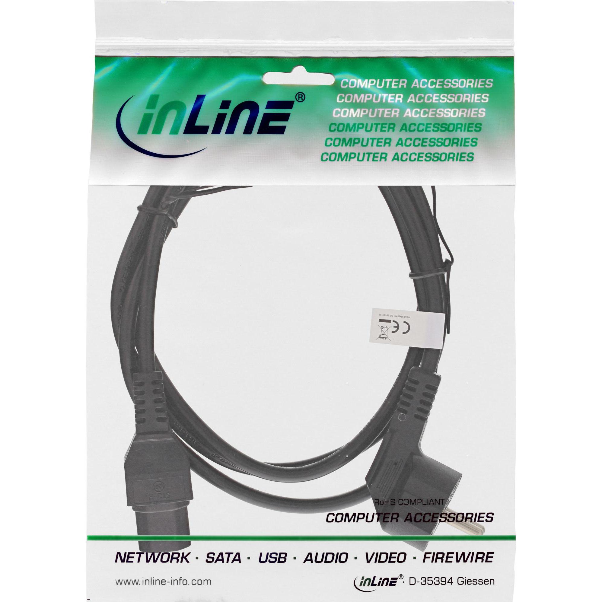 Thumbnail - InLine Netzkabel Schukostecker gewinkelt auf Warmgeraetestecker C15 schwarz 1m (1 m), Stromkabel