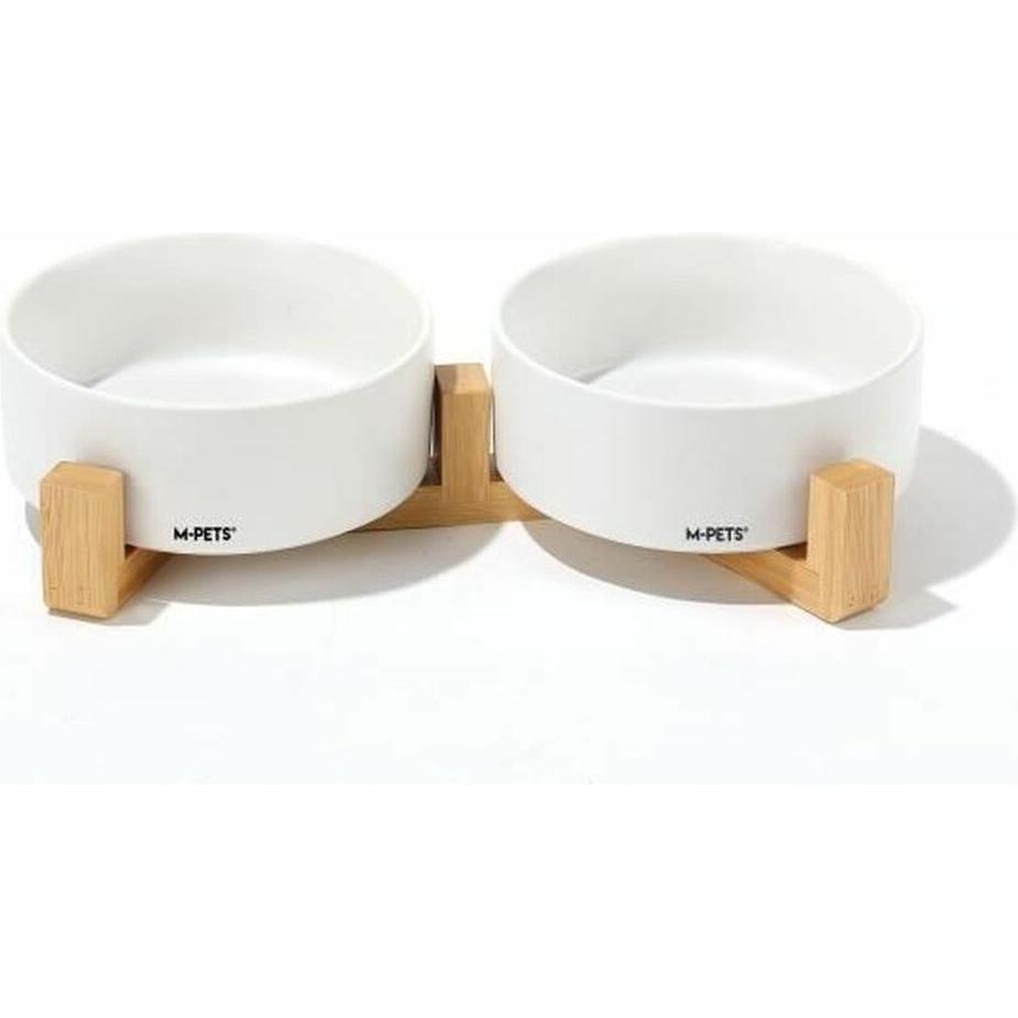 Bols céramique avec support en bambou 2x350 ml - Mpets - OPERA - Blanc