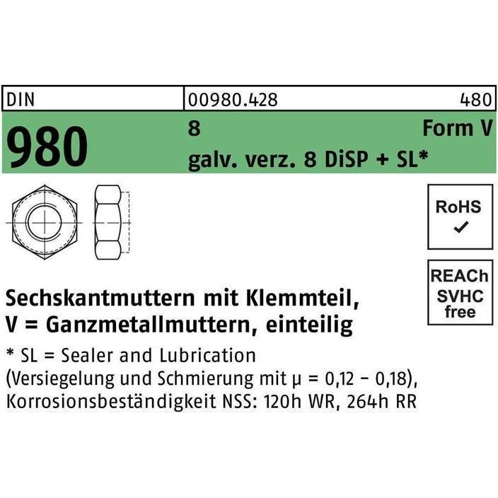 Muttern + Unterlegscheiben, Sechskantmutter DIN 980 m.Klemmteil V M 8 8 galvanisch verzinkt 8 DISP (M8)