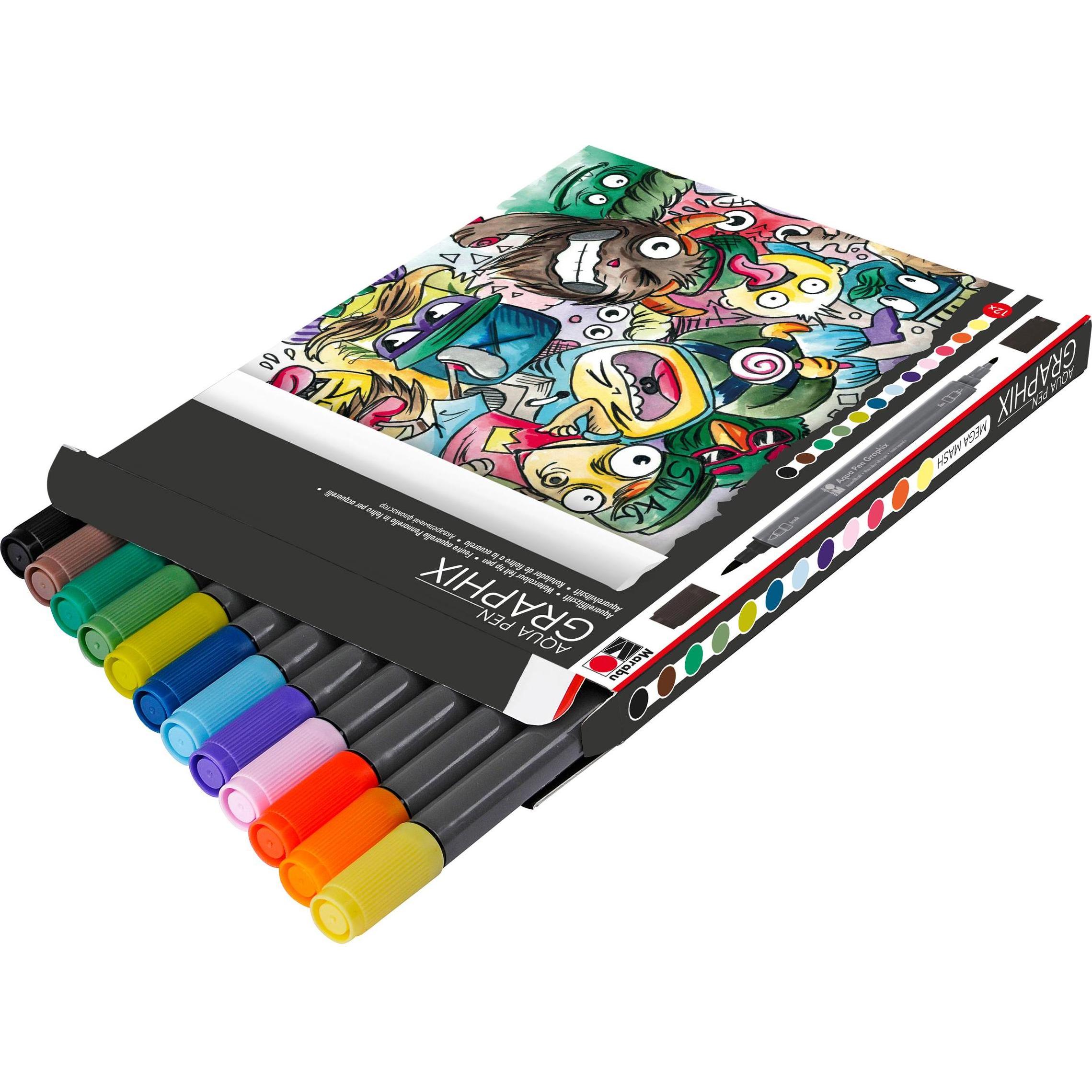 Thumbnail - Marabu, Malstifte, Fasermaler Aqua Pen Graphix Mega Mash, 12 Stück (Mehrfarbig, 12 x)