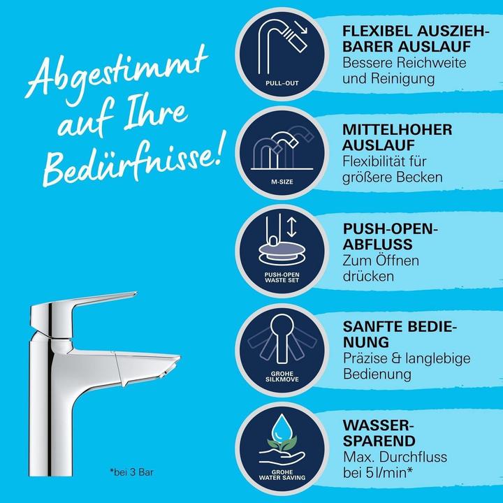 Actual product image Grohe Start QuickFix Lavaboarmatur, herausziehbare Auslauf, Push-Open Ablauf, M-Size, Chrom