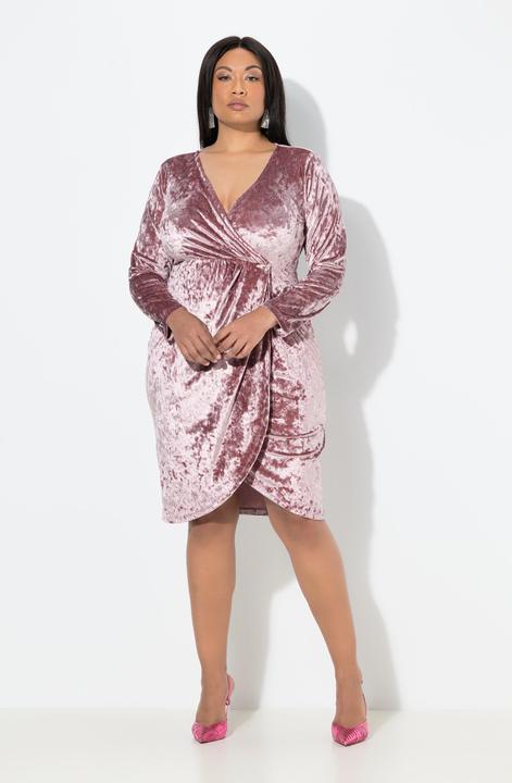 Produktbild Ulla Popken Samt-Midikleid, Wickeloptik, V-Ausschnitt, Langarm (42)