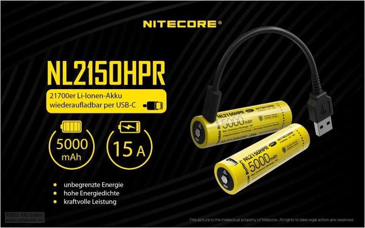 Actual product image Nitecore Li-Ion battery 21700, 5000mAh, NL2150HPR USB-C