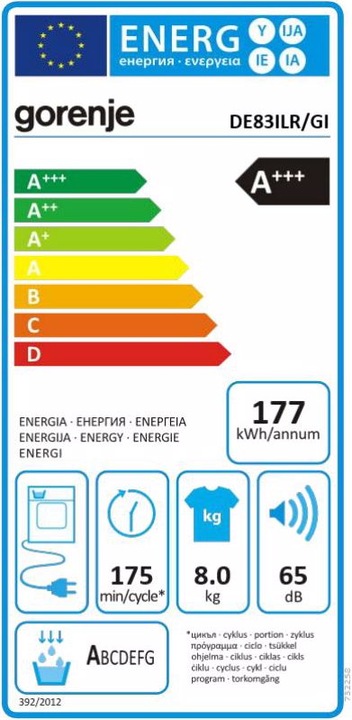 Label énergétique Gorenje Sèche-linge DE83ILR (8 kg, Droite)