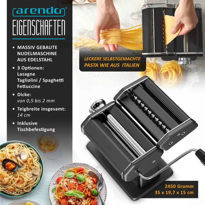 Produktbild Arendo Nudelmaschine, Manueller Pasta Maker, Nudelpresse, Edelstahl, 7 einstellbare Stärken, Duplexvorsatz