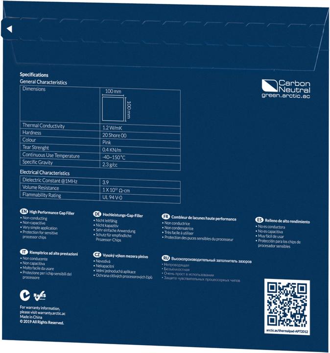 Actual product image Arctic /mK, /cm³, UL -0,. (1.50 mm, 1.20 W/m K)