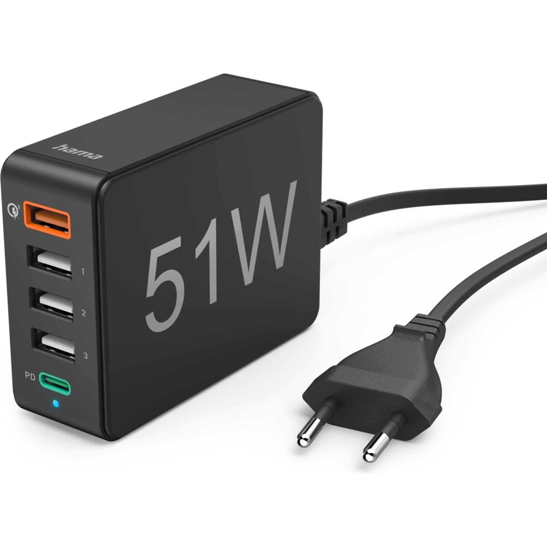 Hama Schnellladegerät 5 Ports (51 W), USB Ladegerät, Schwarz