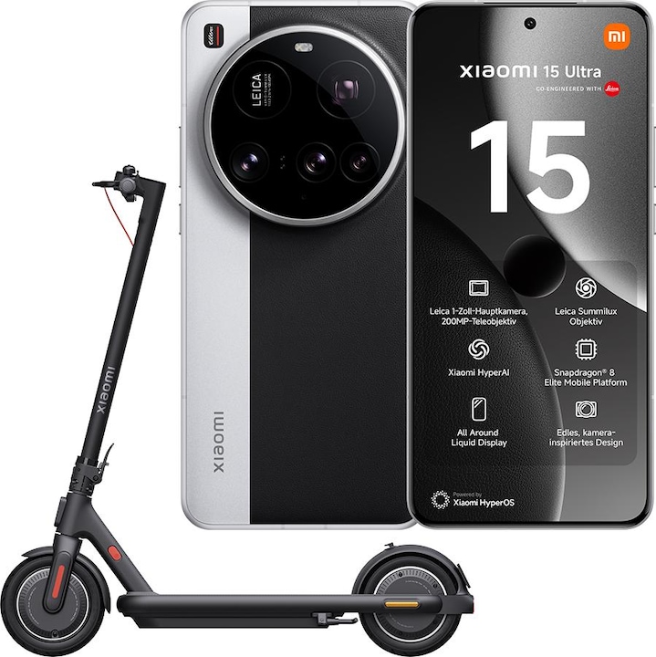 Xiaomi 15 Ultra + Scooter elettrico 4 Pro Plus CH-Edizione Pacchetto di lancio (1000 GB, Cromo Argento, 6.73", Doppia SIM, 50 Mpx, 5G)