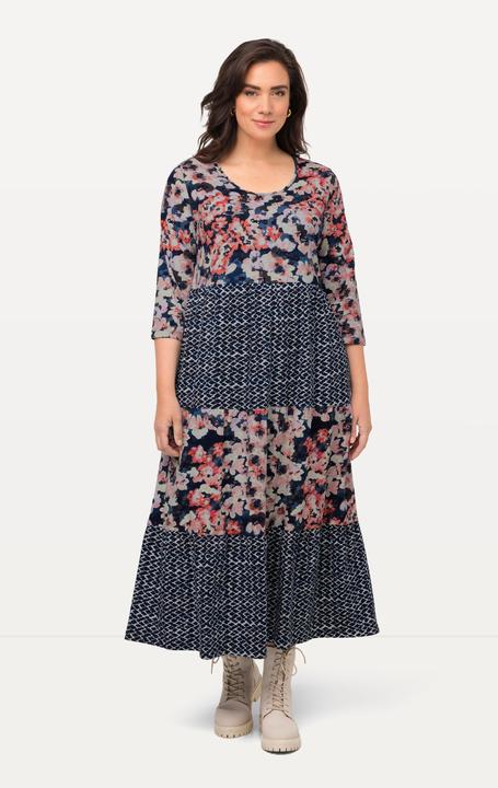 Image du produit Ulla Popken Robe trapèze longueur midi à col rond et manches 3/4, motif rayé (50, 52)