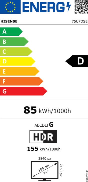 Energy Label Hisense TV 75U7DSE 75" Mini-LED 4K (75", LED, 4K)