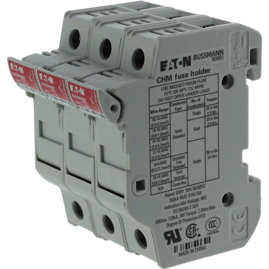 Eaton, Sicherung, Zylindrischer Einsatzsockel 3P 30A 600V MFH (CHM3DU) (Zylindersicherung, 30 A)