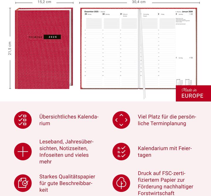 Image du produit Terminer A5, Struktur rot 2026 (A5, 1 semaine / 2 pages)