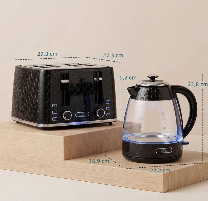 Produktbild Swisshandel24 1,7L 2200W Schnellkoch-Wasserkocher und 4-Scheiben-Toaster-Set mit Kalkfilter, Schwarz (1.70 l)