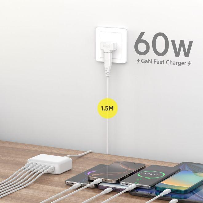Produktbild Budi 60W 6-Port Ladegerät mit 4× USB-C PD & 2× USB-A QC, 1.5 m Kabel (60 W)