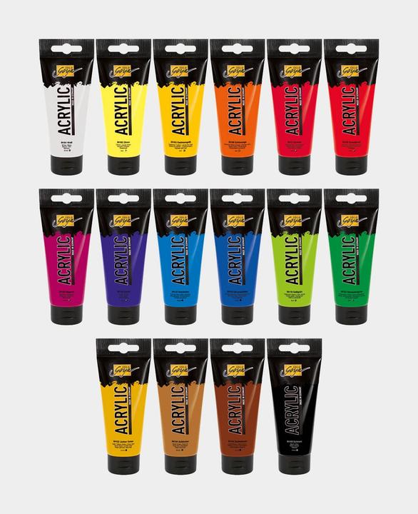 Produktbild Kreul Solo Goya (Gelbgrün, Primärblau, Ultramarinblau, Zitron, Echtorange, Permanentgrün, Goldocker, Dunkelbraun, zinnoberrot, Magenta, Kadmiumgelb, Schwarz, Lichter Ocker, Weiss, Violett, 320 ml)