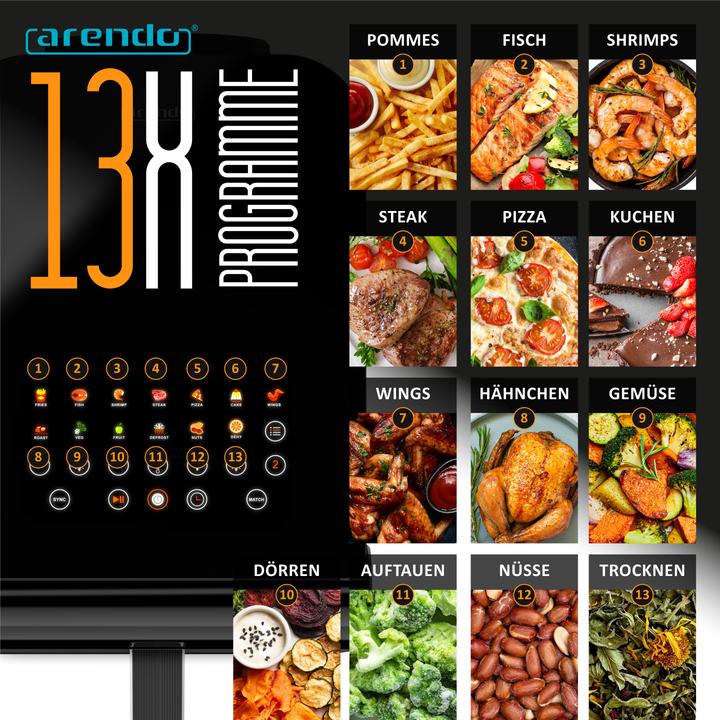 Produktbild Arendo Heissluftfritteuse Doppelstock, Dual Zone Airfryer 11L, Sichtfenster, Doppelkammer, 2800 W, Zubehör