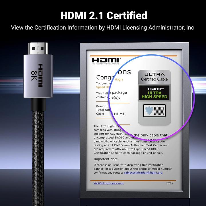 Productafbeelding Ugreen HD171 kabel met gecertificeerde HDMI 2.1 8K aansluitingen, 1 m lang - grijs (1 m, HDMI, 2.1)