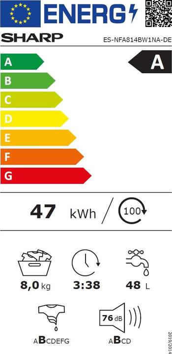 Label énergétique Sharp ES-NFA814BW1NA-DE (8 kg, Gauche)
