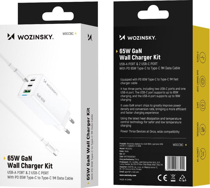 Actual product image Wozinsky GaN 65W Ladegerät mit 2xUSB-C USB-Anschlüssen mit 65W CC-Kabel - Weiss (65 W)