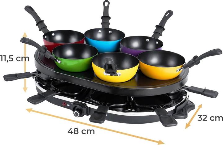 Produktbild KLAMER Raclette-Wok 1200 W – Raclette Grill mit 6 Wokpfännchen & 8 Raclettepfännchen, Antihaftb…