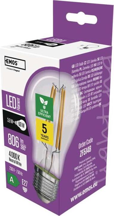 Image du produit Emos Lampe LED filament A60 / E27 / 3,8 W (60 W) / 806 lm / blanc neutre (E27, 3.80 W, 806 lm, 1 x, A)