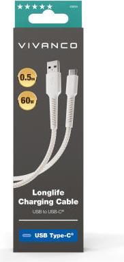 Produktbild Vivanco Longlife USB-C Kabel, Nylon, USB-A Stecker<> USB-C Stecker, max. 60W, weiss, 0,5m (0.50 m, USB 3.0)