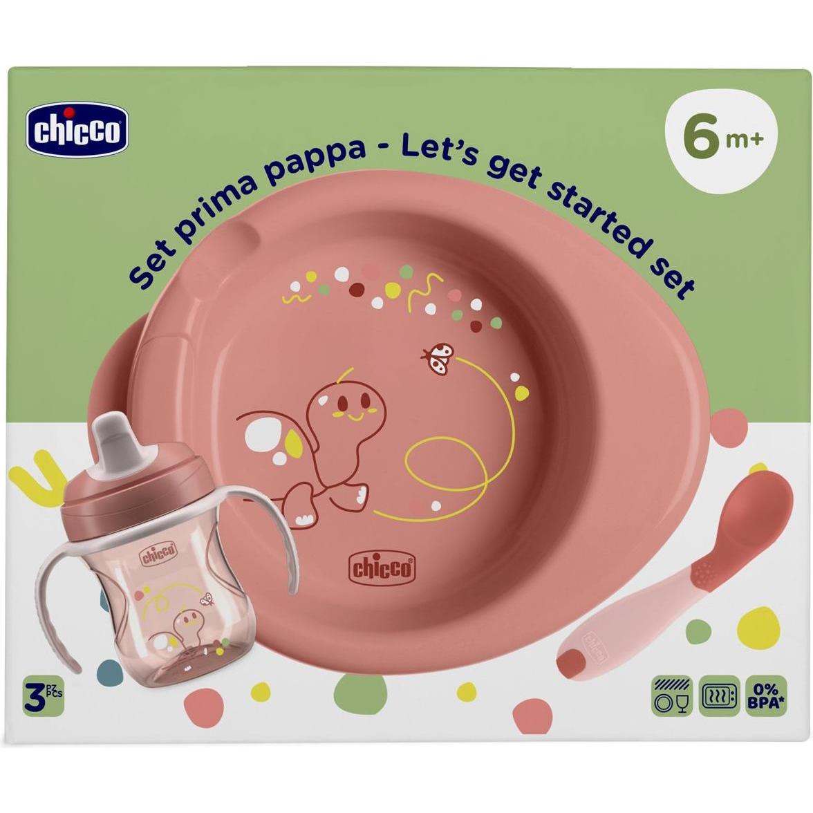 Chicco Rosa Kindergeschirr + Kinderbesteck, Mahlzeit Geschenk-Set - 6M+