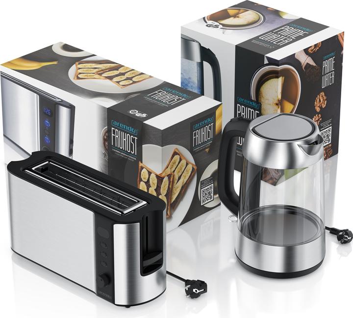 Produktbild Arendo Frühstücks Set, Glas Wasserkocher 1,7l, 2-Scheiben Langschlitz Toaster mit Brötchenaufsatz, Silber (1.70 l)