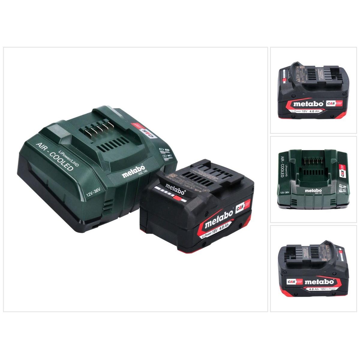 Metabo, Werkzeugakku + Ladegerät, Basis Set 1x Li-Power Akkupack 18 V 4,0 Ah CAS Li-Ion Akku ( 625027000 ) + ASC 145 Sch...