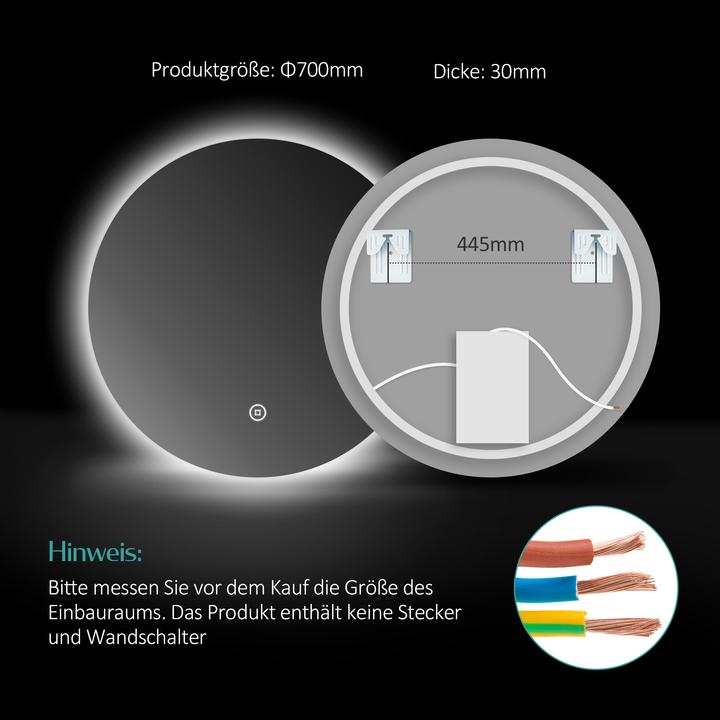 Produktbild Emke Badspiegel mit Beleuchtung Φ70cm, Kaltweiss6500K, Dimmbar, Touch Schalter (70 cm)