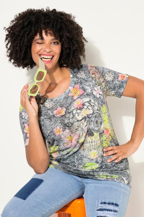 Image du produit Angel of Style T-shirt à imprimé tête de mort à strass, col rond et manches courtes (48)