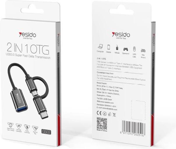 Image du produit Yesido - OTG Cable Adapter 2in1 (GS02) - Type-C, Micro-USB to USB 3.0, Plug & Play, 5Gbps - Black (Micro USB, USB-C, USB-A)